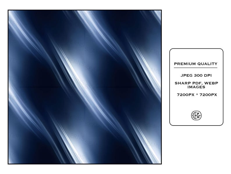 May include: Abstract digital art with a dark blue background and flowing, luminous white and blue diagonal lines. The image includes a white rectangle with the text "PREMIUM QUALITY", "JPEG 300 DPI", "SHARP PDF, WEBP IMAGES", and "7200PX * 7200PX".