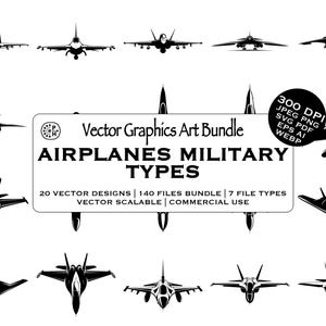 Könnte beinhalten: Schwarz-Weiß-Vektorgrafiken verschiedener Militärflugzeugtypen. Das Bild enthält den Text "Vector Graphics Art Bundle AIRPLANES MILITARY TYPES" sowie Details zu Dateitypen und Designs.