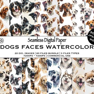 Dog Faces Seamless Pattern Bundle, Watercolor Dogs Designs, Pets, Puppies, Dog Lovers, Wallpaper, Instant Download, Commercial Use, JPEG PDF