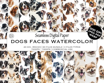 Dog Faces Seamless Pattern Bundle, Watercolor Dogs Designs, Pets, Puppies, Dog Lovers, Wallpaper, Instant Download, Commercial Use, JPEG PDF