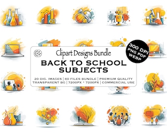Back to School, Clipart Bundle, School Subjects Planer Designs, Education Theme Art, for Chemistry, for Economics, Instant Downloadable, PNG