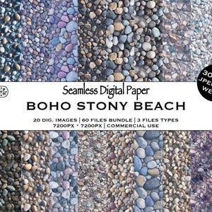 Puede incluir: Un conjunto de papel digital con patrones sin costuras de texturas de playa pedregosa. Los patrones muestran una variedad de colores y tamaños de guijarros. La imagen incluye el texto "BOHO STONY BEACH".