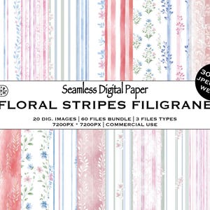 Può includere: Pacchetto di carta digitale con vari disegni floreali e a righe in colori pastello. L'immagine include strisce verticali con accenti floreali e il testo "Seamless Digital Paper FLORAL STRIPES FILIGRANE". Include 20 immagini digitali.