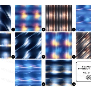 May include: A collection of ten seamless product images with abstract designs. The images feature various patterns with blue, gold, and silver tones. The designs include wavy lines, vertical stripes, and blurred light effects. The images are labeled with numbers 01-10.