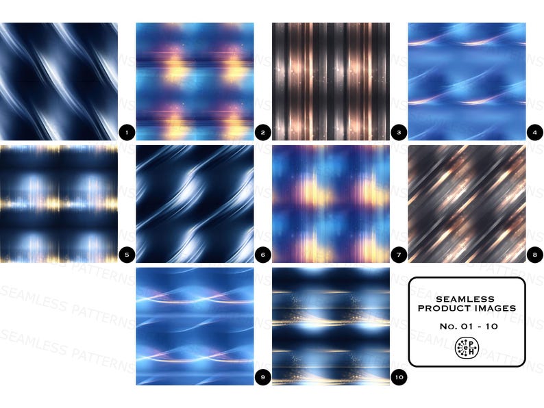 May include: A collection of ten seamless product images with abstract designs. The images feature various patterns with blue, gold, and silver tones. The designs include wavy lines, vertical stripes, and blurred light effects. The images are labeled with numbers 01-10.