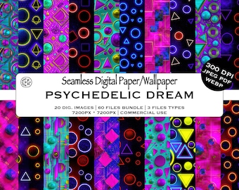 Psychedelic Pattern, Digit Art, Seamless Pattern Bundle, Colorful 80 Retro, Geometric Pattern Wall, Retro Abstract Print Art, Bright Artwork