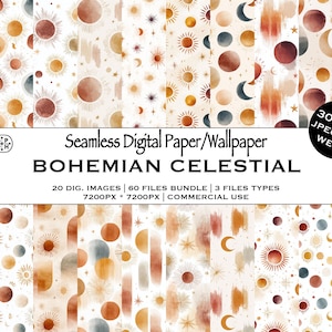 May include: A collection of seamless digital paper and wallpaper designs with a bohemian celestial theme. The patterns feature suns, moons, stars, and abstract shapes in warm, earthy tones. The image includes the text "BOHEMIAN CELESTIAL".