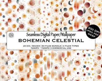 Boho Celestial Seamless Pattern Bundle, Sun Moon Stars, Wallpaper, Nursery Decor, Textile Design, DIY, Instant Download, Commercial Use, JPG