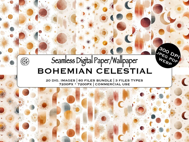 Puede incluir: Una colecci&oacute;n de dise&ntilde;os de papel digital y fondos de pantalla sin costuras con un tema celestial bohemio. Los patrones presentan soles, lunas, estrellas y formas abstractas en tonos c&aacute;lidos y terrosos. El texto "BOHEMIAN CELESTIAL" est&aacute; incluido.