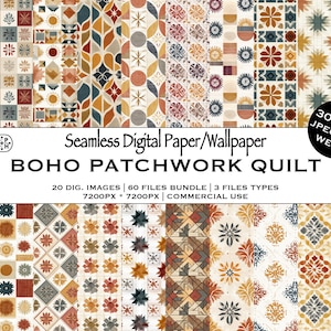 May include: A collection of seamless digital paper and wallpaper designs with a boho patchwork quilt theme. The designs feature various patterns in warm colors like orange, brown, and cream, with floral and geometric motifs. The image includes text indicating file details.