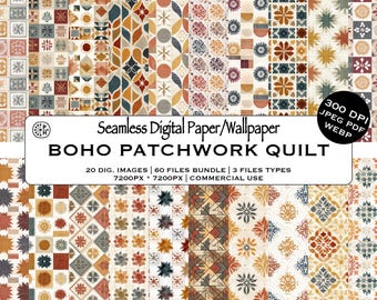 Boho Patchwork Quilt seamless pattern bundle, clay rosettes, geometric motifs, earthy textiles decor, Instant Download, Commercial Use, JPG