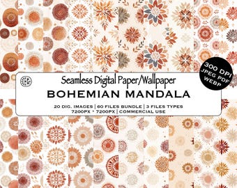 Bohemian Mandala Seamless Pattern, Floral Geometric Shapes, Circles, Textile Designs, DIY Crafting,  Instant Download, Commercial Use, JPG