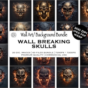 Puede incluir: Un conjunto de imágenes de arte digital que presentan calaveras estilizadas con fondos de pared agrietados y en llamas. Las imágenes son de varios colores, incluyendo oro, rojo y negro. El texto de la imagen dice "Wall Breaking Skulls" y "Premium Quality".