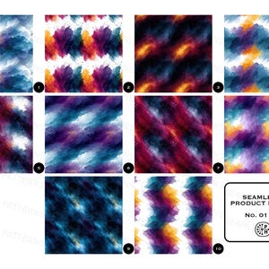 Puede incluir: Una colecci&oacute;n de diez gr&aacute;ficos digitales cuadrados con patrones de acuarela abstractos en varias paletas de colores, incluyendo azul, morado, naranja y tonos oscuros. Cada cuadrado est&aacute; numerado del uno al diez, con la etiqueta SEAMLESS PRODUCT IMAGES No. 01 - 10.