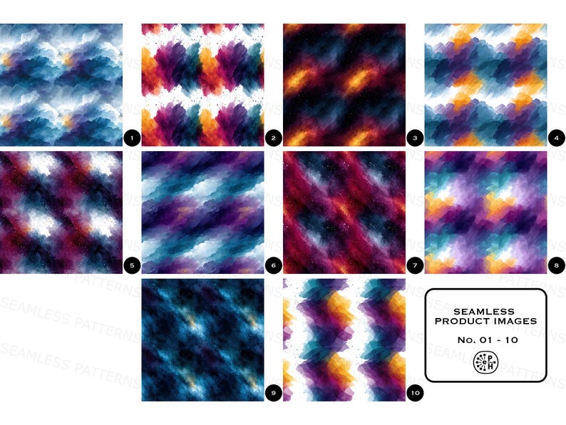 Puede incluir: Una colecci&oacute;n de diez gr&aacute;ficos digitales cuadrados con patrones de acuarela abstractos en varias paletas de colores, incluyendo azul, morado, naranja y tonos oscuros. Cada cuadrado est&aacute; numerado del uno al diez, con la etiqueta SEAMLESS PRODUCT IMAGES No. 01 - 10.