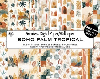 Boho tropisk palm sömlöst mönsterpaket, stranddekoration, djungelmönster, DIY modedekor, omedelbar nedladdning kommersiell användning, JPG