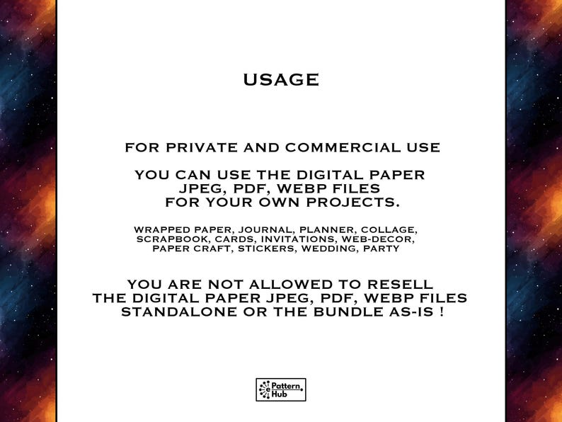 Puede incluir: Un documento digital blanco con texto negro que detalla los t&eacute;rminos de uso para archivos de papel digital. Especifica permisos para uso privado y comercial en proyectos como diarios, &aacute;lbumes de recortes e invitaciones, prohibiendo la reventa de los archivos.