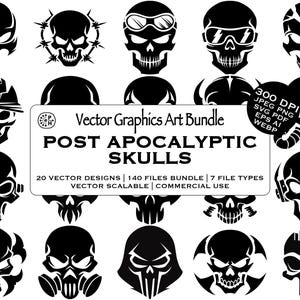 May include: A selection of black vector skull designs, some with goggles, helmets, and gas masks. The image includes the text "Post Apocalyptic Skulls" and information about the vector graphics bundle.
