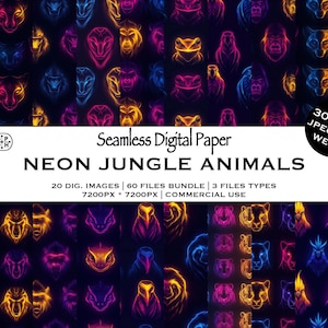 May include: Digital paper featuring neon-style illustrations of jungle animals in vibrant colors. The design includes various animal faces, such as tigers, owls, and frogs, with a dark background. The image includes the text "Seamless Digital Paper NEON JUNGLE ANIMALS".