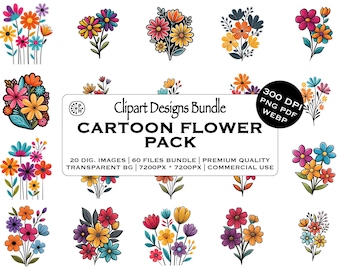 Cute Flower Cartoon, Floral Sticker Designs, Digital Scrapbooking Design, Sticker Clipart, Colorful Flowering, Downloading Instant comic png