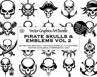 Pirate Skull Vector Clipart Bundle, Pirates Sticker Designs, Pirat, Tattoo Emblem Decal Design, Instant Download Commercial Use, SVG PNG JPG