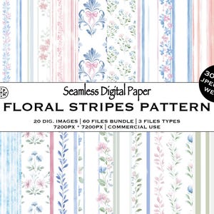 Watercolor seamless pattern, floral background, vintage frames, bows, repeating pastel fabric stripes, digital, commercial use, download