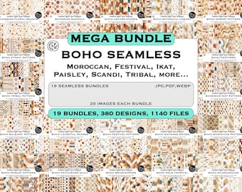 Mega Bundle, Boho Designs Seamless Pattern, Moroccan Arts, Festivity, Ikat Decoration, Paisley Designs, Scandinavian Texture, JPG Download