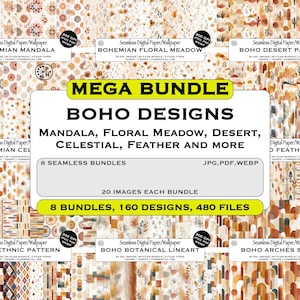 Mega Bundle Boho Designs, Floral Mandala Desert Celestial Feather Seamless Patterns, DIY crafts, Instant Download, Commercial Use, JPG PDF