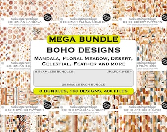 Mega Bundle Boho Designs, Floral Mandala Desert Celestial Feather Seamless Patterns, DIY crafts, Instant Download, Commercial Use, JPG PDF