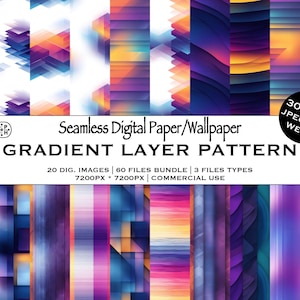 Peut inclure: Une collection de papiers numériques et de fonds d'écran sans couture avec des motifs de couches dégradées. Les motifs présentent une variété de couleurs, notamment le violet, l'orange et le bleu. L'image comprend du texte indiquant que le produit propose 20 images numériques, 60 fichiers et 3 types de fichiers.