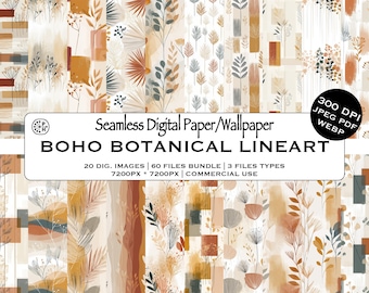 Boho Botanical Line Art Seamless Pattern Bundle, Bohemian Floral Chic Wallpaper, DIY Crafting Print,  Instant Download, Commercial Use, JPG