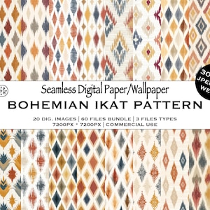 Puede incluir: Una colección de papeles digitales con patrones Ikat bohemios en varios colores, incluyendo naranja, azul y amarillo. La imagen incluye el texto "Seamless Digital Paper/Wallpaper Bohemian Ikat Pattern". La imagen es de 7200px por 7200px.