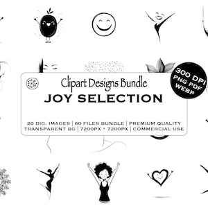Puede incluir: Un paquete de imágenes prediseñadas digitales en blanco y negro titulado "Joy Selection" con varias ilustraciones de caras sonrientes, figuras de palitos y formas abstractas. El paquete incluye 20 imágenes digitales y 60 archivos, con una resolución de 7200px por 7200px.