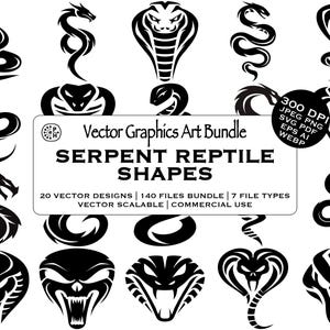 May include: A collection of black serpent and reptile vector graphics. The designs include various snake illustrations, cobra heads, and dragon-like serpent shapes. The image includes the text "SERPENT REPTILE SHAPES" and "Vector Graphics Art Bundle".