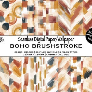 May include: A collection of seamless digital paper and wallpaper designs with a boho brushstroke theme. The designs feature abstract patterns in shades of brown, beige, and blue. The image includes text that reads "BOHO BRUSHSTROKE" and "300 DPI JPEG PDF WEBP".