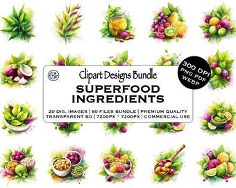 Superfood Ingredients Clipart Bundle, Hemp Quinoa Almond Butter Chia Coconut Flakes Matcha Oats Peanut, Instant Download Commercial Use, PNG