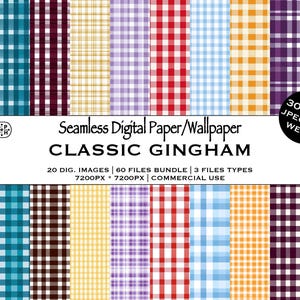 May include: A digital paper bundle featuring a variety of classic gingham patterns in multiple colors, including green, blue, red, and yellow. The image includes the text "Seamless Digital Paper/Wallpaper CLASSIC GINGHAM".