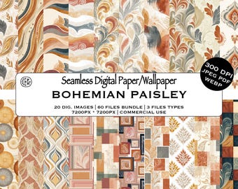 Boho Paisley Seamless Pattern Bundle, Earthy Florals Shapes, Repetitive Geometric Pattern Tiles, DIY, Instant Download, Commercial Use, JPG
