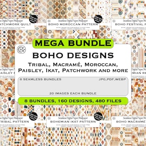 Puede incluir: Un mega paquete de arte digital con ocho diseños Boho sin costuras, incluyendo patrones tribales, macramé y marroquíes. El paquete incluye 160 diseños y 480 archivos en formatos JPG, PDF y WEBP. Cada diseño es de 300 DPI.