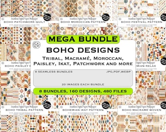 Mega Bundle Boho Designs, Seamless Pattern, Tribal Macramé Moroccan Paisley Ikat Patchwork Wallpaper, Instant Download, Commercial Use, JPG