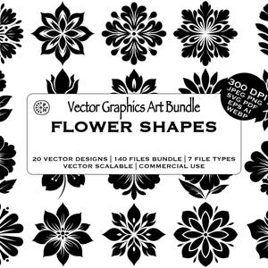 Puede incluir: Una colección de gráficos vectoriales de formas de flores en blanco y negro. La imagen incluye varios diseños florales, con el texto "Vector Graphics Art Bundle FLOWER SHAPES" e información sobre los tipos de archivos y el uso comercial.