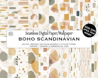 Boho Scandinavian Seamless Surface Pattern, Digital Boho Wallpaper Bundle, Nordic Design, Home Decor, Instant Download, Commercial Use, JPG