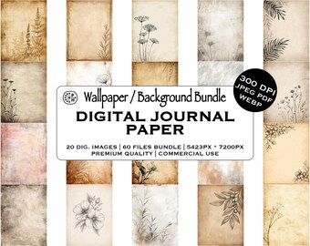 May include: A digital journal paper bundle featuring 20 images and 60 files. The images have a vintage aesthetic with floral and botanical illustrations. The text on the image reads "Wallpaper / Background Bundle DIGITAL JOURNAL PAPER".