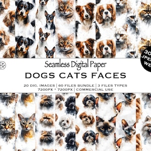 Może przedstawiać: Projekt papieru cyfrowego przedstawiający kolaż twarzy psów i kotów. Obraz zawiera różne rasy i kolory, z tekstem "Seamless Digital Paper DOGS CATS FACES". Projekt oferuje 20 obrazów cyfrowych, 60 plików i 3 typy plików.