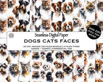 Caras de perros y gatos en acuarela, patrón sin costuras, paquete para amantes de los perros y los gatos, patrón para mascotas, descarga instantánea, uso comercial, JPEG
