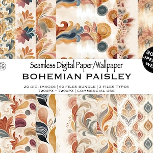 Könnte beinhalten: Eine Sammlung digitaler Papiere mit einem Bohemian Paisley-Design. Die Papiere weisen komplizierte Muster in Orange-, Braun-, Blau- und Cremetönen auf. Das Bild enthält den Text "Seamless Digital Paper/Wallpaper Bohemian Paisley".
