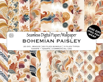 Bohemian Paisley Seamless Pattern Bundle, Mustard Rust Floral Shapes, Earthy Colors, Textile Designs, Instant Download, Commercial Use, JPG