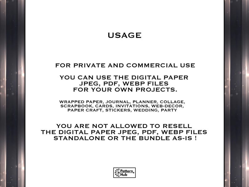 May include: White background with text about the usage of digital paper files. The text states the files can be used for private and commercial use. The files are JPEG, PDF, and WEBP. Uses include wrapped paper, cards, and stickers.
