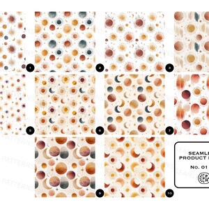 Puede incluir: Una colecci&oacute;n de diez im&aacute;genes de productos sin costuras con patrones celestiales. Cada dise&ntilde;o presenta soles, lunas y estrellas en tonos c&aacute;lidos y terrosos de naranja, marr&oacute;n y crema. Las im&aacute;genes est&aacute;n etiquetadas con los n&uacute;meros 01-10.