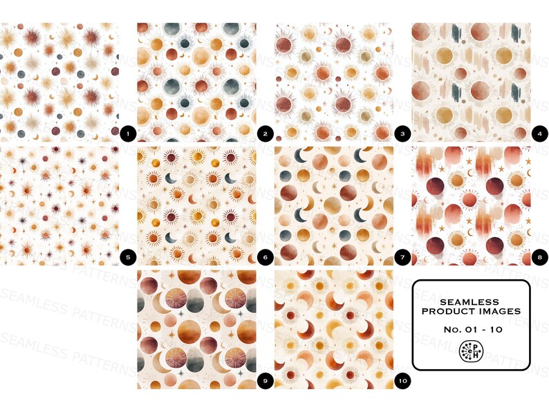 Puede incluir: Una colecci&oacute;n de diez im&aacute;genes de productos sin costuras con patrones celestiales. Cada dise&ntilde;o presenta soles, lunas y estrellas en tonos c&aacute;lidos y terrosos de naranja, marr&oacute;n y crema. Las im&aacute;genes est&aacute;n etiquetadas con los n&uacute;meros 01-10.